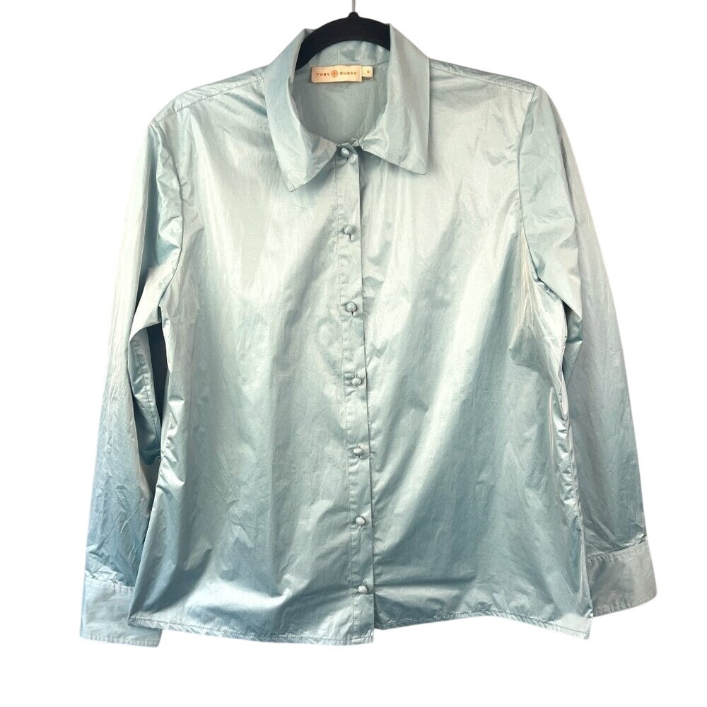 Tory Burch Long Sleeve Button-up Light Blue Shirt Size 10 Shimmers Iridescent